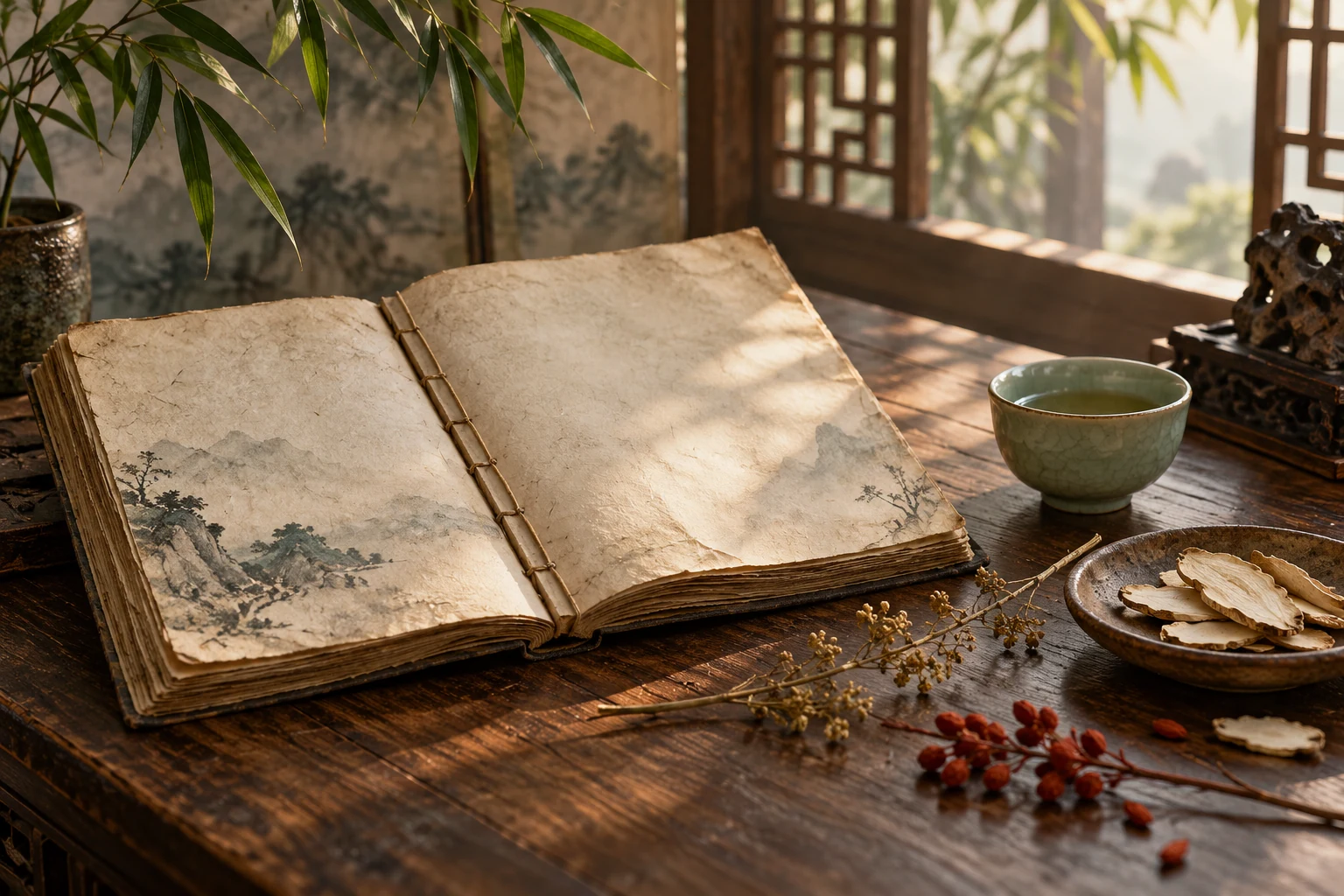 古籍、茶盏与本草的文化意境插画