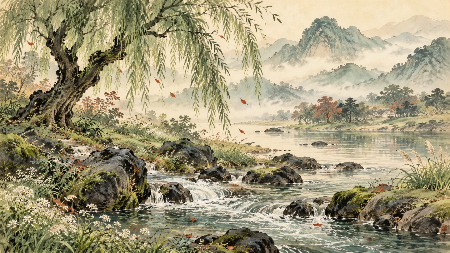 水彩意境图:溪水绕过石头流向绿树与远山