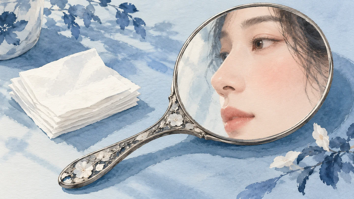 主题插画：手持镜中映出鼻部与面颊，旁边放着纸巾