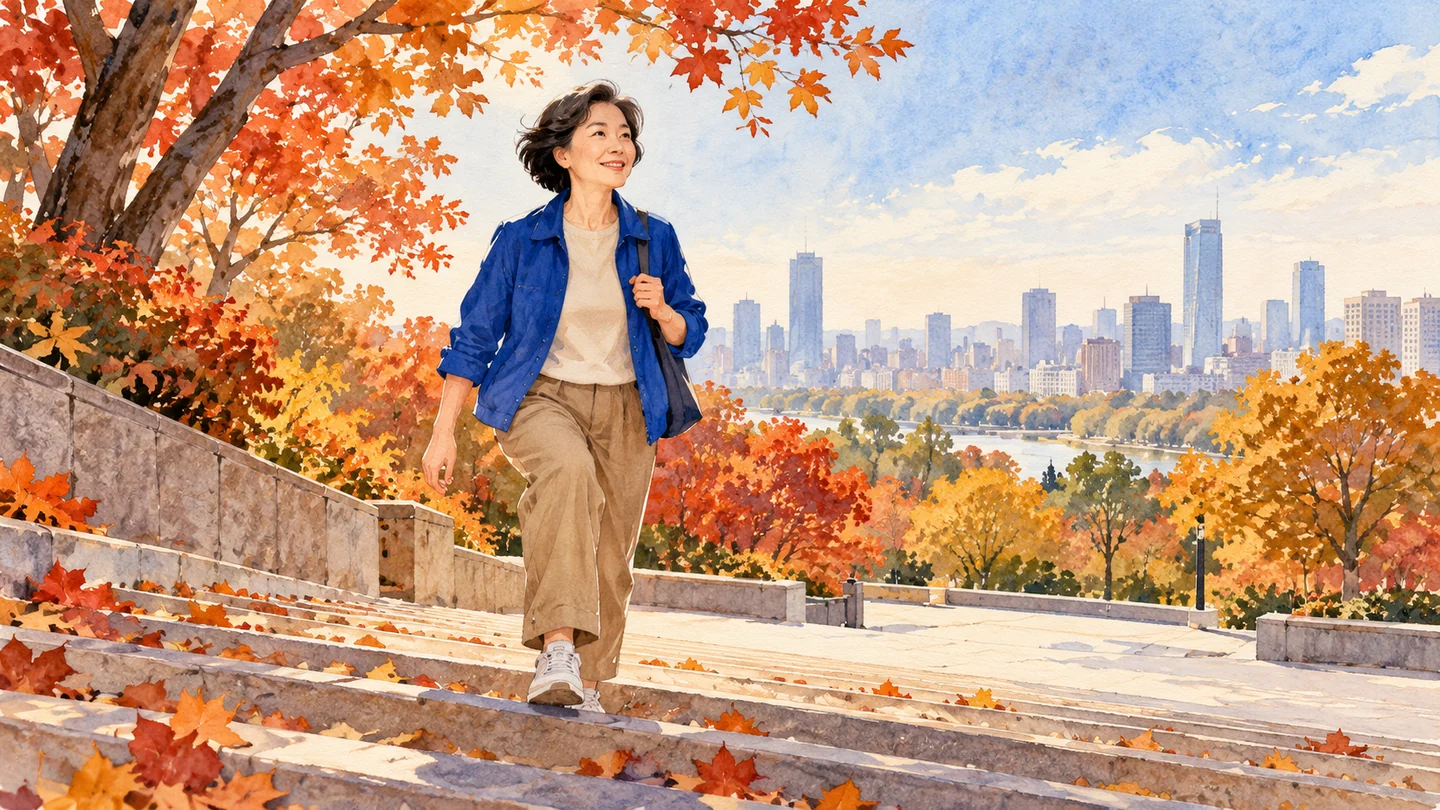 主题插画:穿蓝色外套的中年女性走上秋日公园台阶